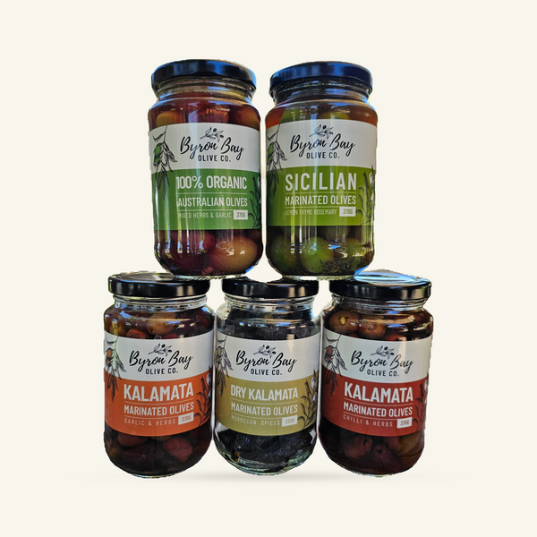 Five jars of Byron Bay Olive Co. olives